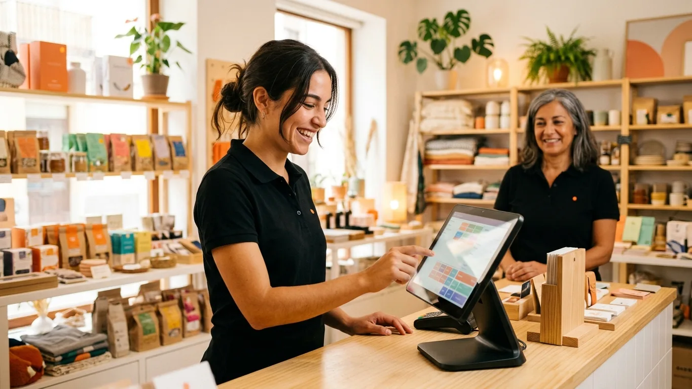 Dependienta usando el TPV de su tienda