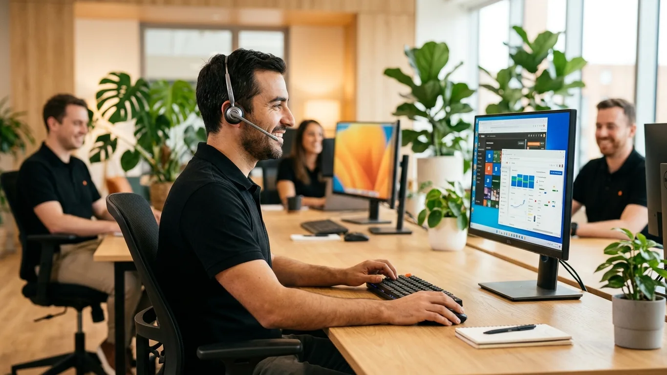 Técnico con auriculares atendiendo una sesión remota